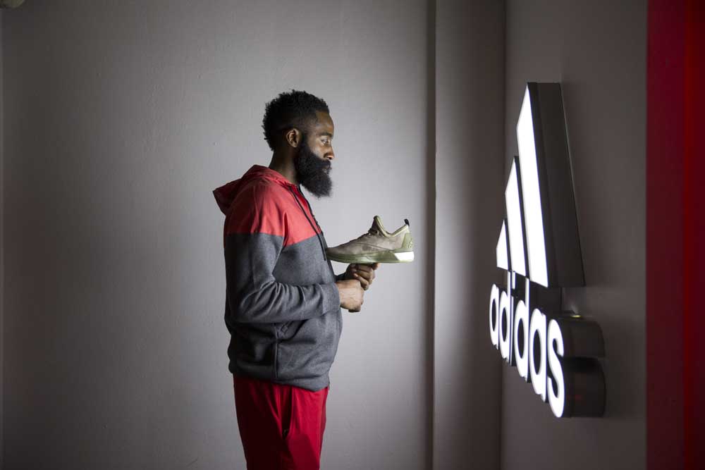 TORONTO, ON - FEBRUARY 12, 2016: adidas athlete James Harden pays a surprise visit to players from Bill Crothers Secondary School. (Photo by Joe Martinez/adidas)