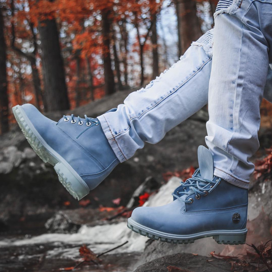 blue and white timbs
