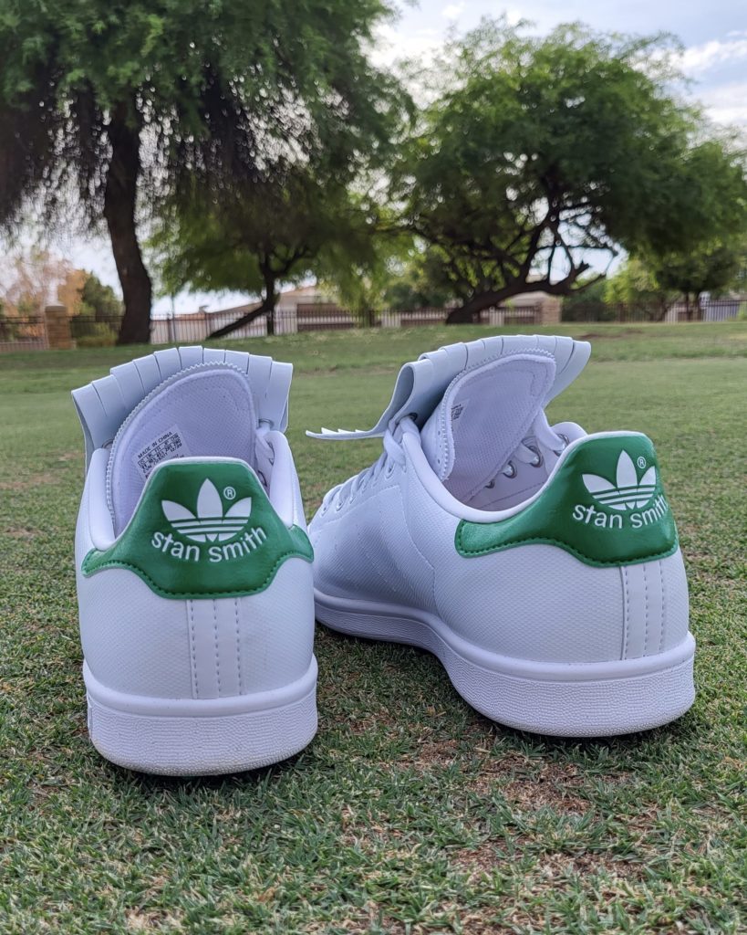 The back of the Adidas Stan Smith Golf featuring the Stan Smith logo. 